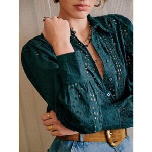 Sezane Dark Green Eyelet Blouse